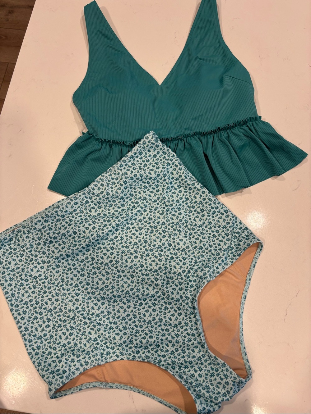 Teal Two-Piece Swim Set with Floral High-Waist Bottoms